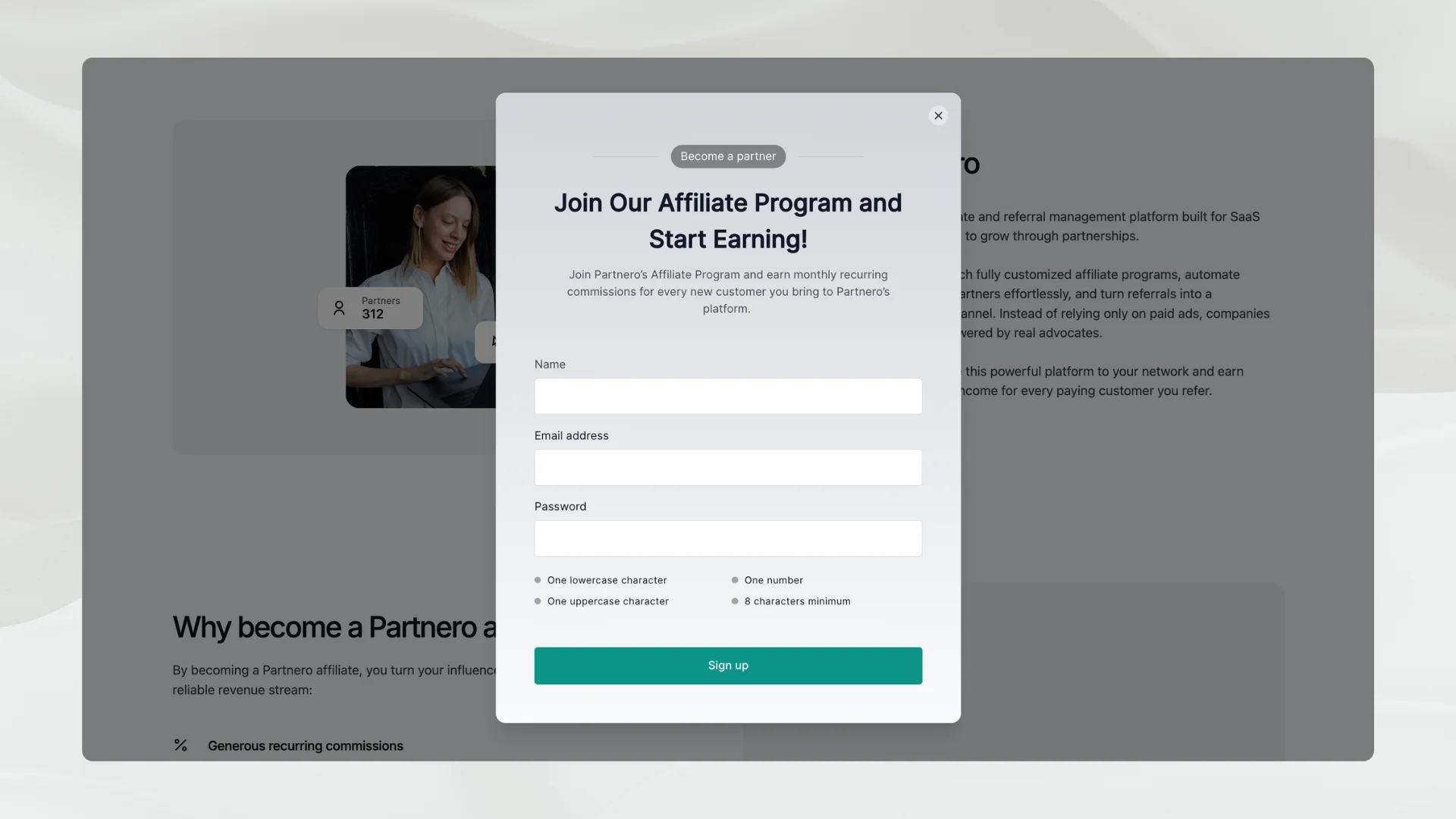 website popup form for partner collection