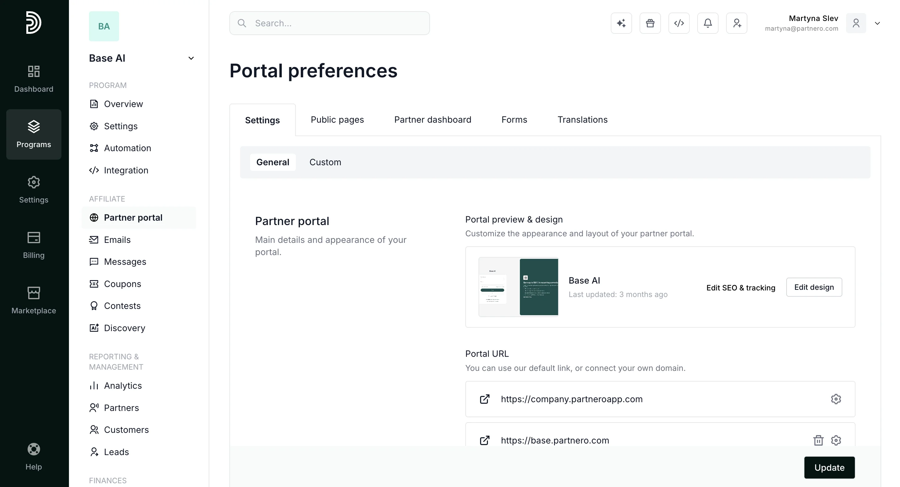 partner portal customization settings