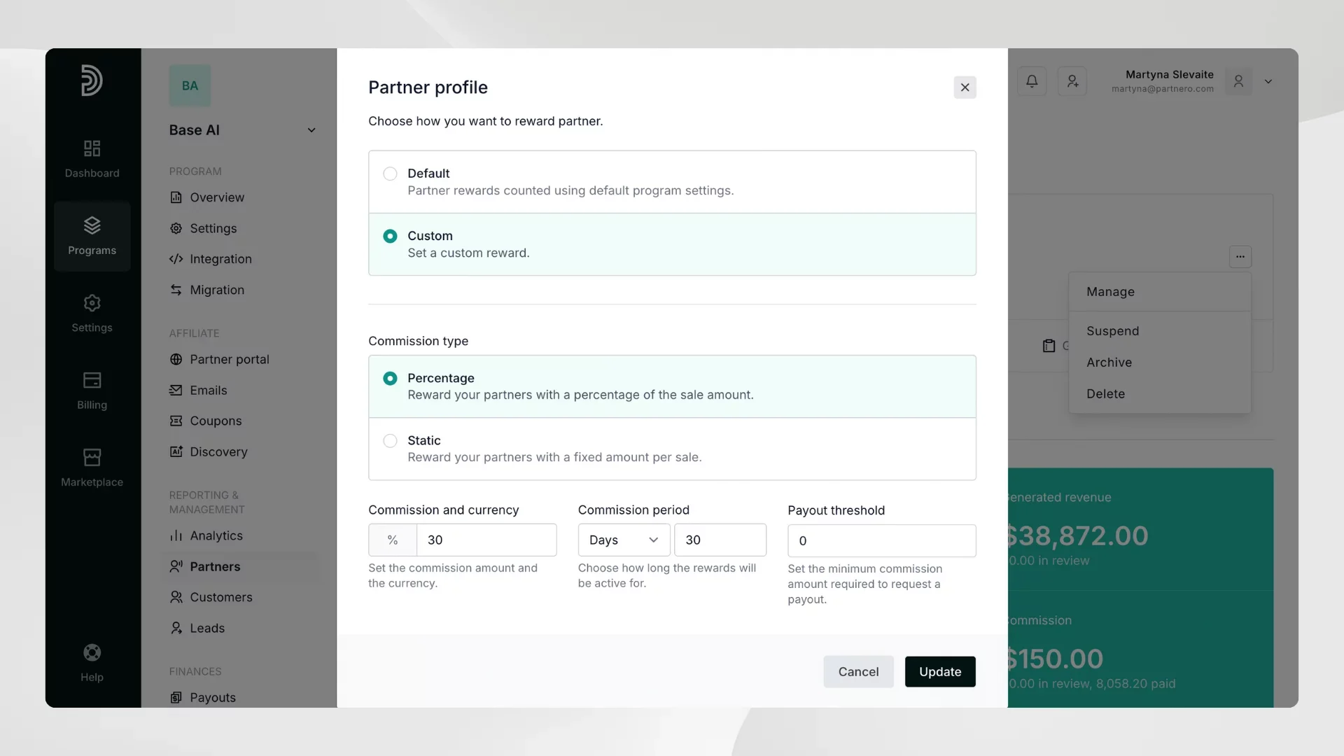 setting a custom commission rate for a specific partner